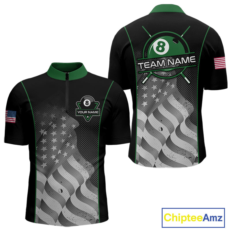 Custom Black Green Grunge American Flag 8 Ball Pool Shirts Patriotic Billiard Team Jersey
