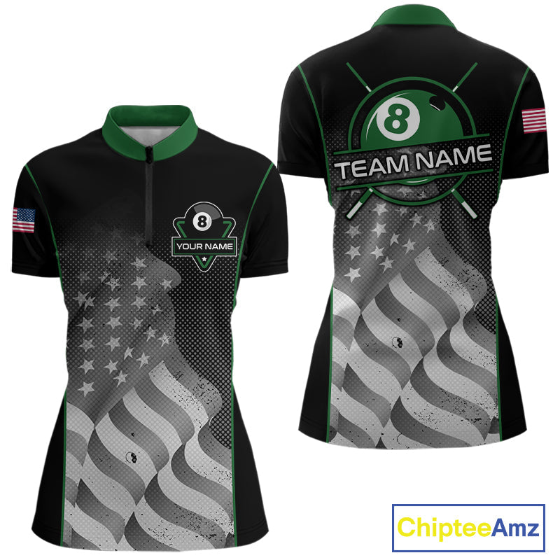 Custom Black Green Grunge American Flag 8 Ball Pool Shirts Patriotic Billiard Team Jersey