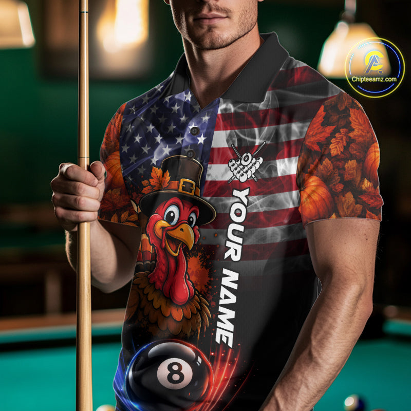 Funny Turkey American Flag Smoke Billiard Shirts Custom Thanksgiving 8 Ball Pool Jersey