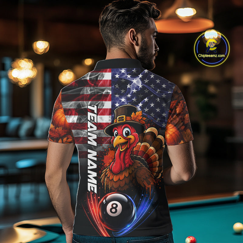 Funny Turkey American Flag Smoke Billiard Shirts Custom Thanksgiving 8 Ball Pool Jersey