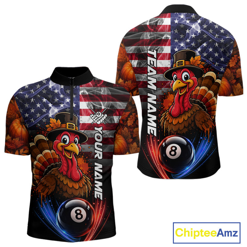 Funny Turkey American Flag Smoke Billiard Shirts Custom Thanksgiving 8 Ball Pool Jersey