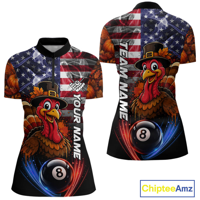 Funny Turkey American Flag Smoke Billiard Shirts Custom Thanksgiving 8 Ball Pool Jersey