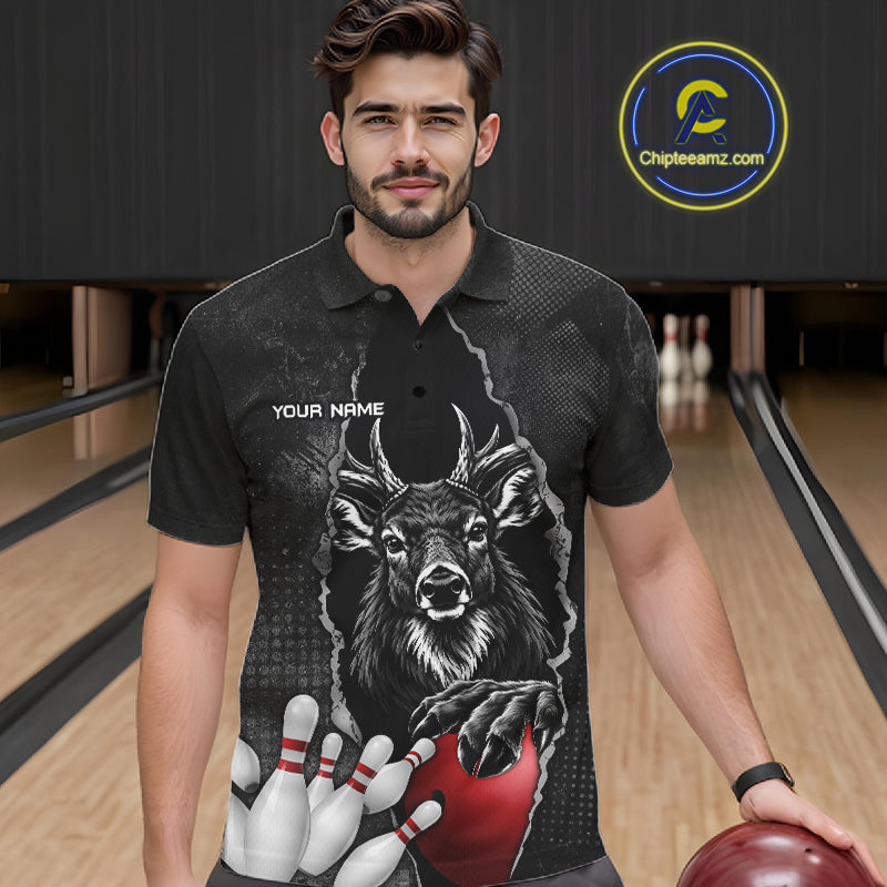 Personalized Deer Black Grunge Bowling Shirts Custom Bowling Team Jersey Polo & 1/4 Zip
