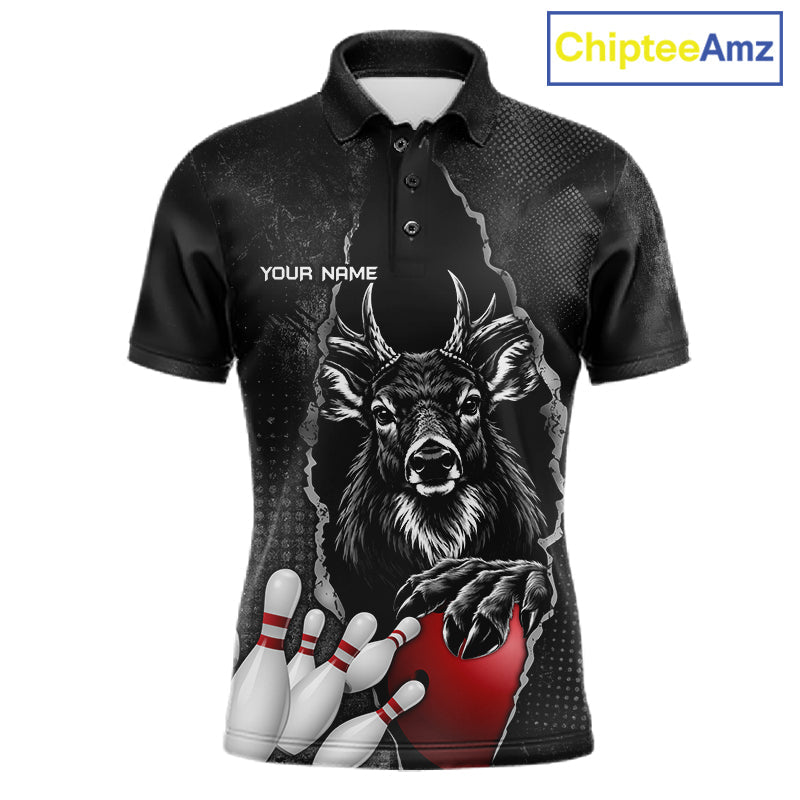 Personalized Deer Black Grunge Bowling Shirts Custom Bowling Team Jersey Polo & 1/4 Zip