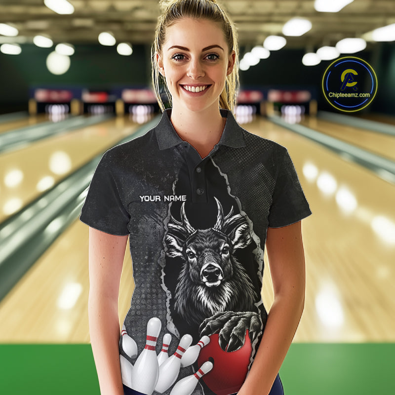 Personalized Deer Black Grunge Bowling Shirts Custom Bowling Team Jersey Polo & 1/4 Zip