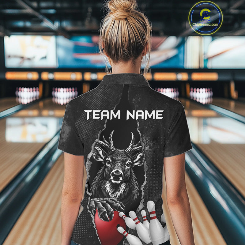 Personalized Deer Black Grunge Bowling Shirts Custom Bowling Team Jersey Polo & 1/4 Zip