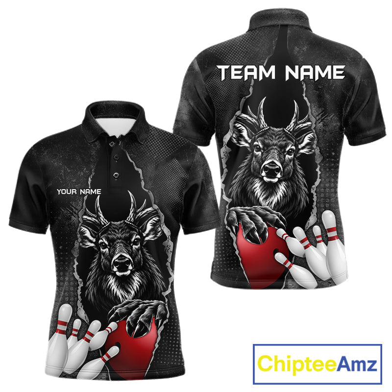 Personalized Deer Black Grunge Bowling Shirts Custom Bowling Team Jersey Polo & 1/4 Zip
