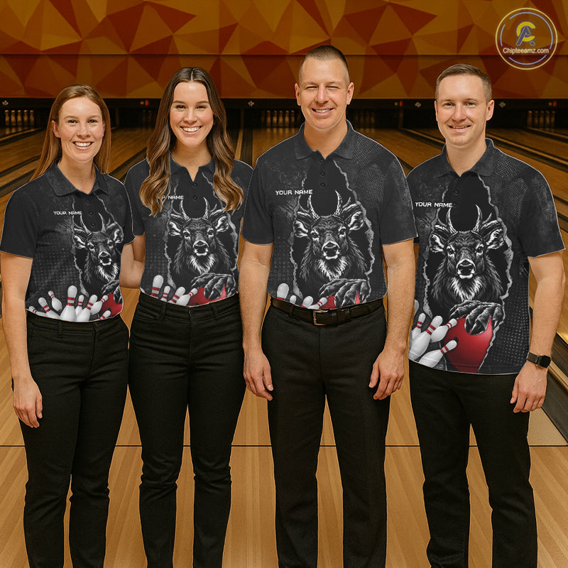 Personalized Deer Black Grunge Bowling Shirts Custom Bowling Team Jersey Polo & 1/4 Zip