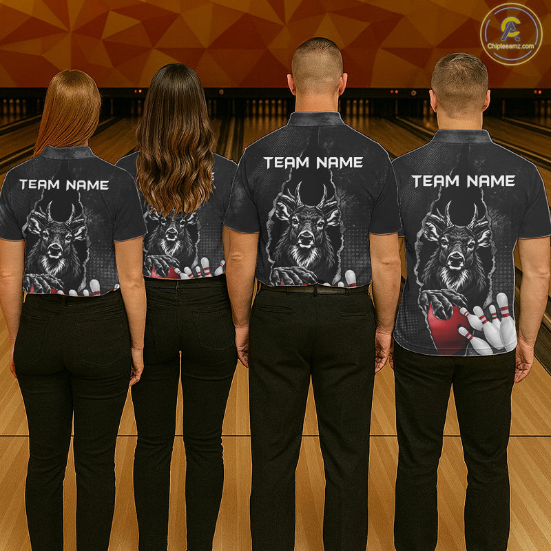 Personalized Deer Black Grunge Bowling Shirts Custom Bowling Team Jersey Polo & 1/4 Zip
