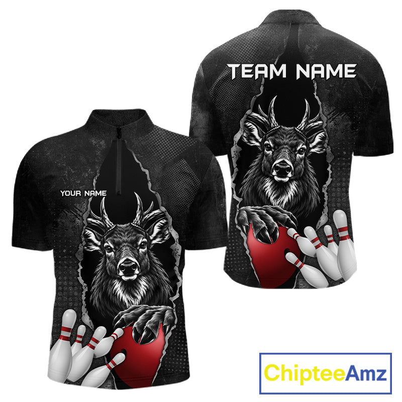 Personalized Deer Black Grunge Bowling Shirts Custom Bowling Team Jersey Polo & 1/4 Zip