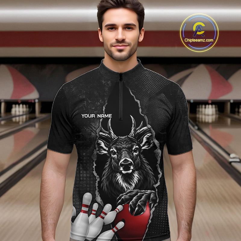 Personalized Deer Black Grunge Bowling Shirts Custom Bowling Team Jersey Polo & 1/4 Zip
