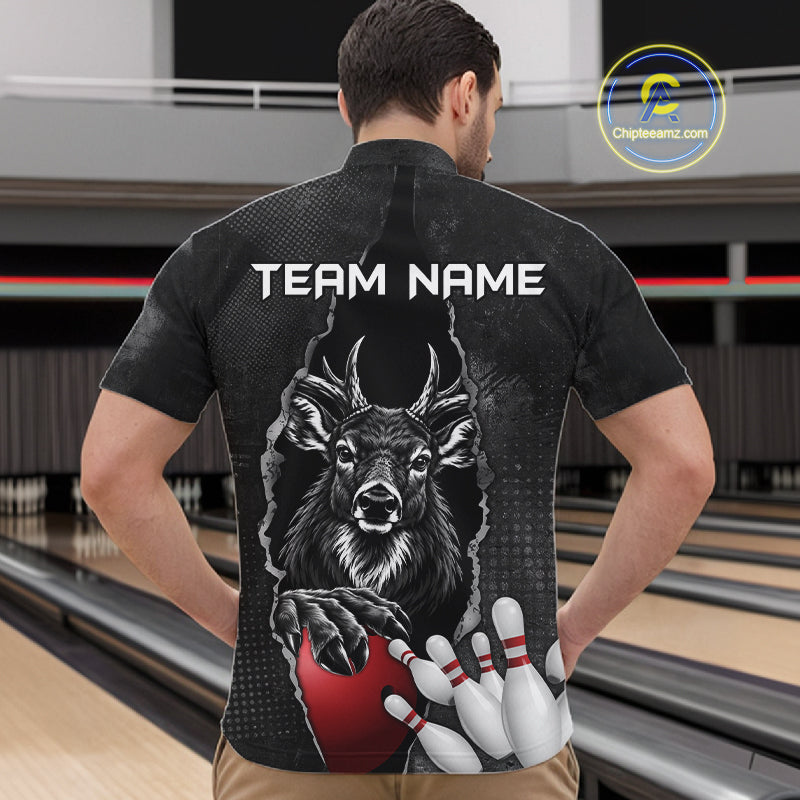Personalized Deer Black Grunge Bowling Shirts Custom Bowling Team Jersey Polo & 1/4 Zip