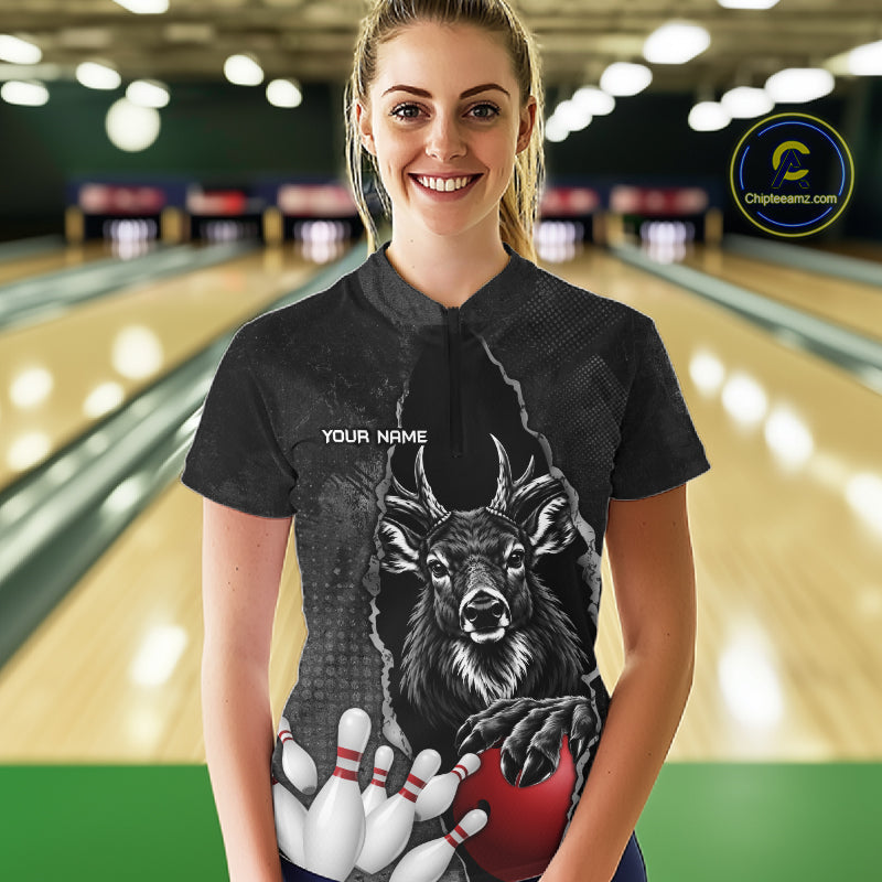 Personalized Deer Black Grunge Bowling Shirts Custom Bowling Team Jersey Polo & 1/4 Zip