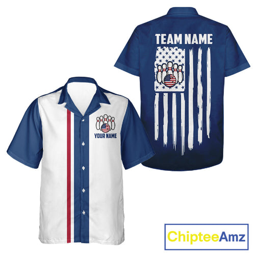 Custom Red, White And Blue American Flag Bowling Hawaiian Shirt, Patriotic Bowling Button Up Team Shirt