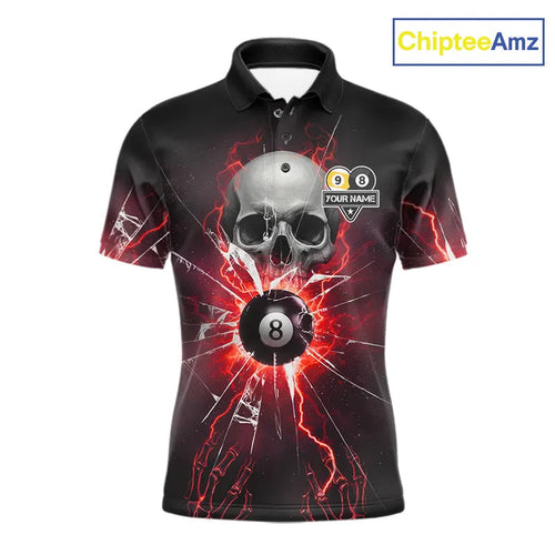 Red 8 Ball & 9 Ball Skull Billiard Shirt Custom Glass Break Pool Team Jersey Polo, 1/4 Zip
