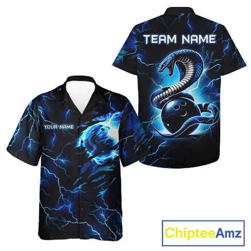 Blue Lightning Thunder Custom Cobra Snake Bowling Hawaiian Shirt, Bowling Team Jersey