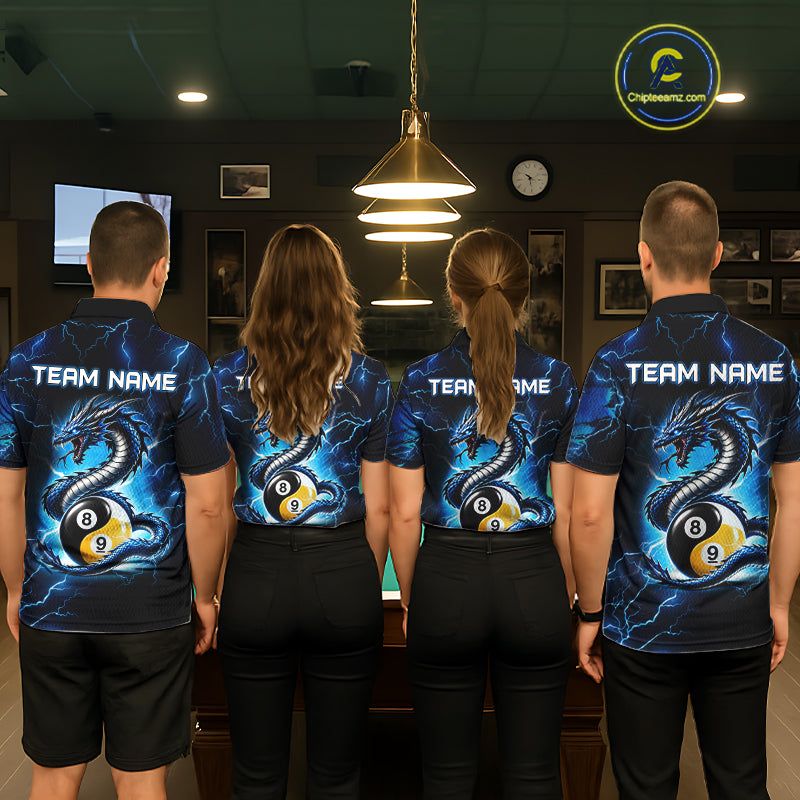 Blue Lightning Yinyang 8 Ball & 9 Ball Dragon Billiard Shirts Custom Pool Team Jersey
