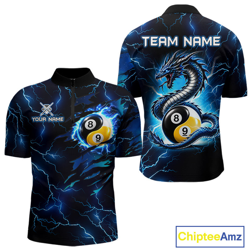 Blue Lightning Yinyang 8 Ball & 9 Ball Dragon Billiard Shirts Custom Pool Team Jersey