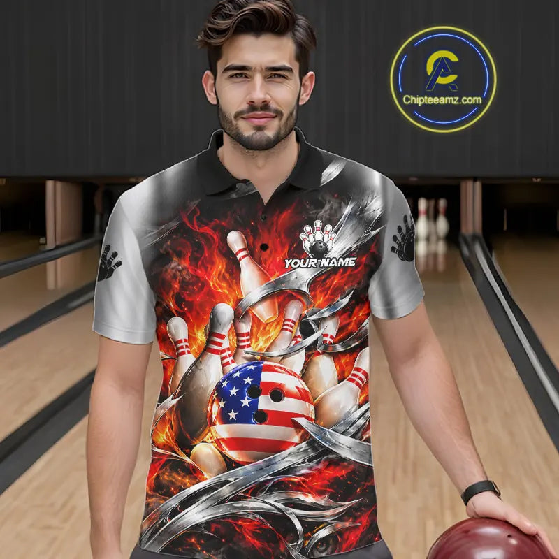 Custom Silver Orange Flame American Flag Bowling Shirts, Bowling League Team Jersey