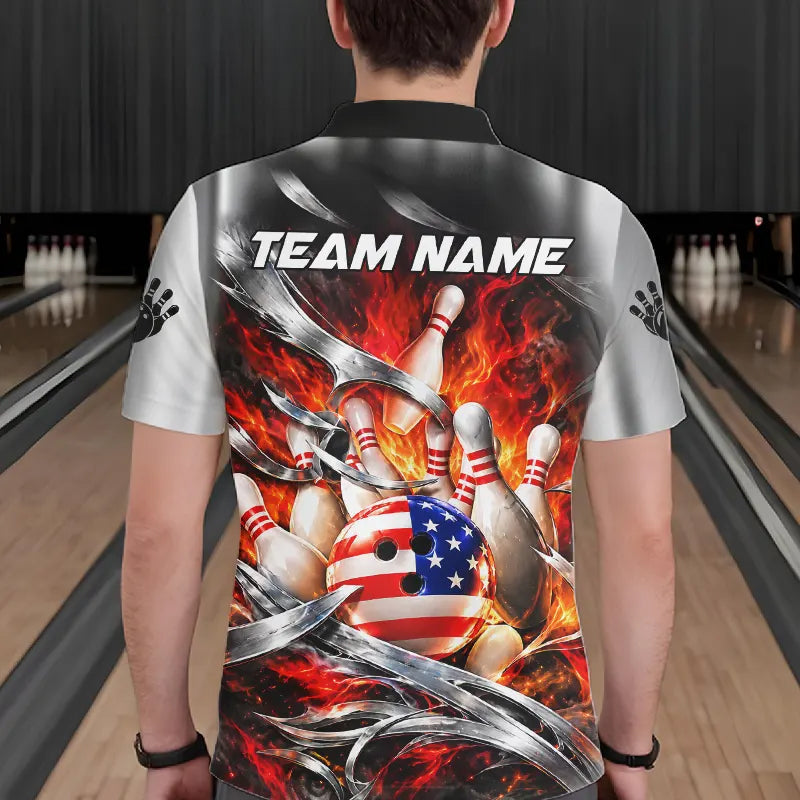 Custom Silver Orange Flame American Flag Bowling Shirts, Bowling League Team Jersey