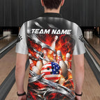 Custom Silver Orange Flame American Flag Bowling Shirts, Bowling League Team Jersey
