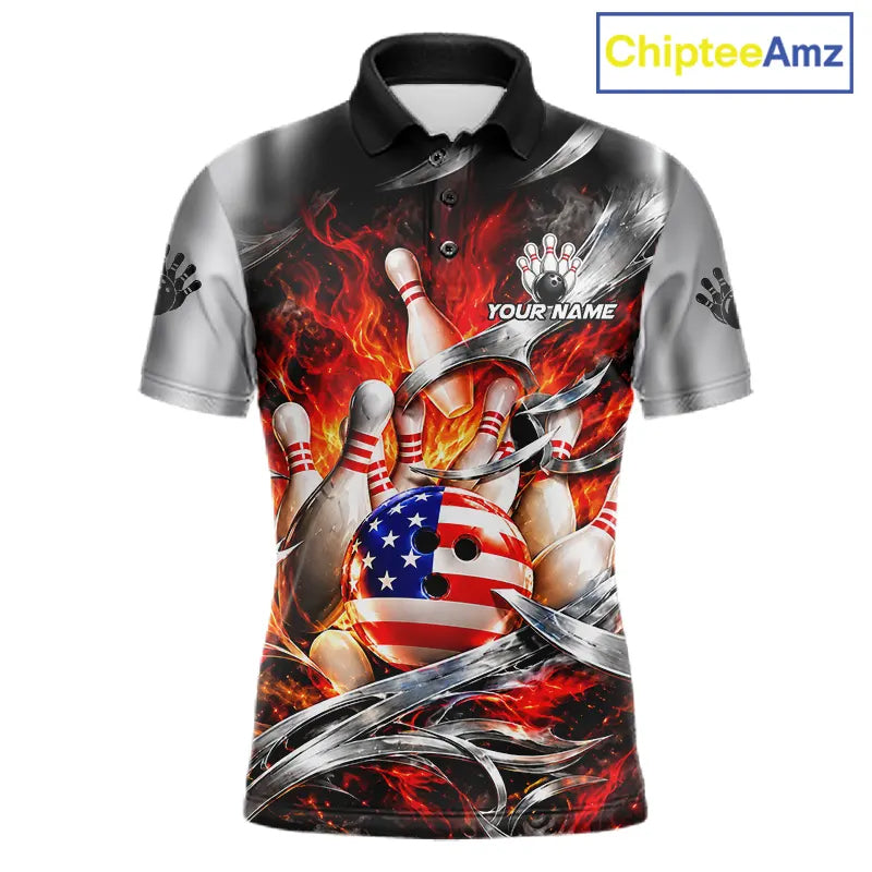 Custom Silver Orange Flame American Flag Bowling Shirts, Bowling League Team Jersey