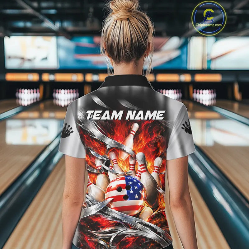 Custom Silver Orange Flame American Flag Bowling Shirts, Bowling League Team Jersey