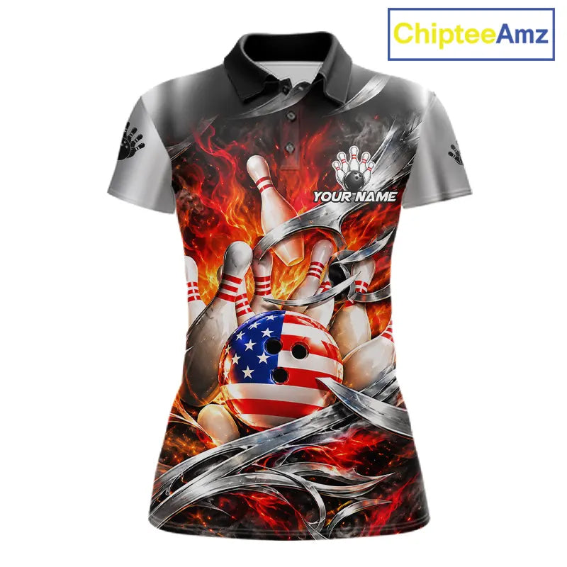 Custom Silver Orange Flame American Flag Bowling Shirts, Bowling League Team Jersey