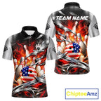 Custom Silver Orange Flame American Flag Bowling Shirts, Bowling League Team Jersey