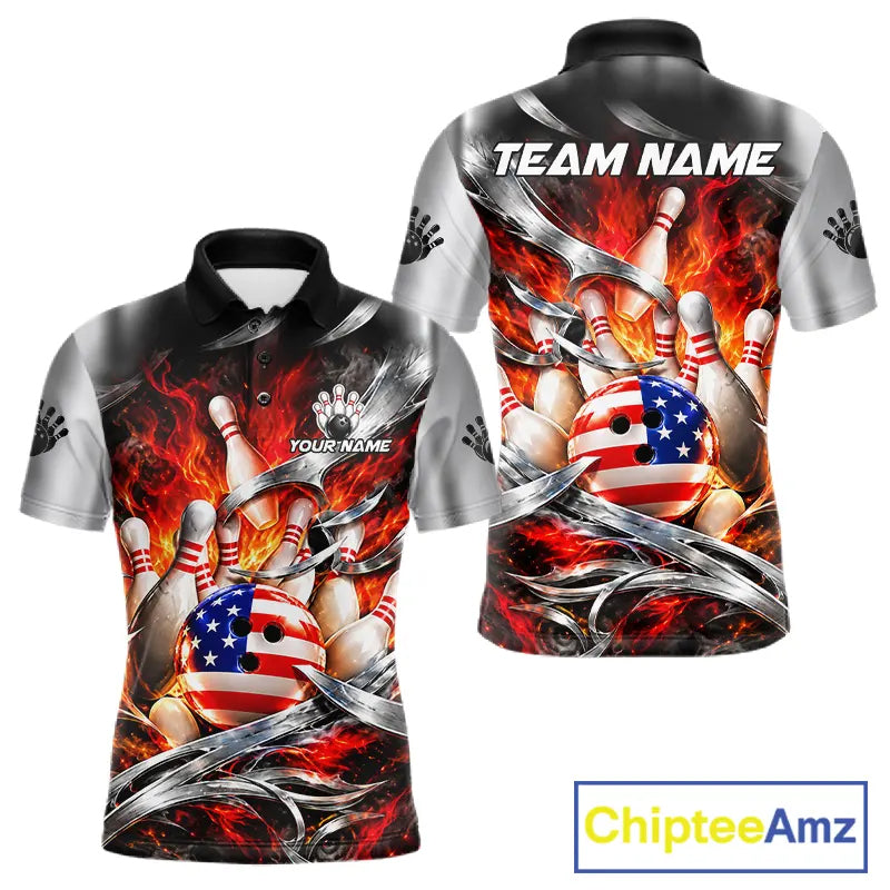 Custom Silver Orange Flame American Flag Bowling Shirts, Bowling League Team Jersey