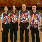 Custom Silver Orange Flame American Flag Bowling Shirts, Bowling League Team Jersey