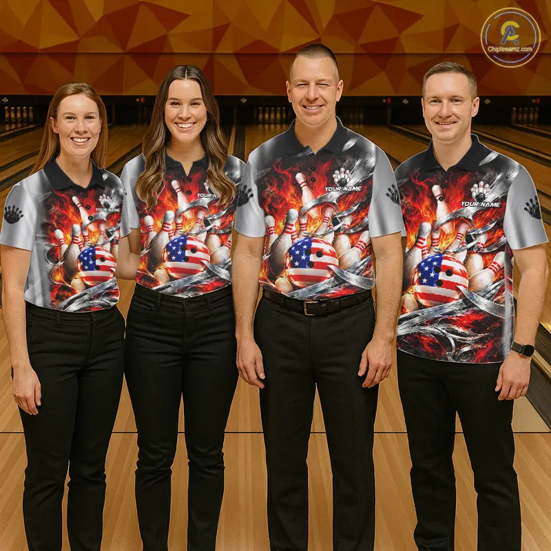 Custom Silver Orange Flame American Flag Bowling Shirts, Bowling League Team Jersey