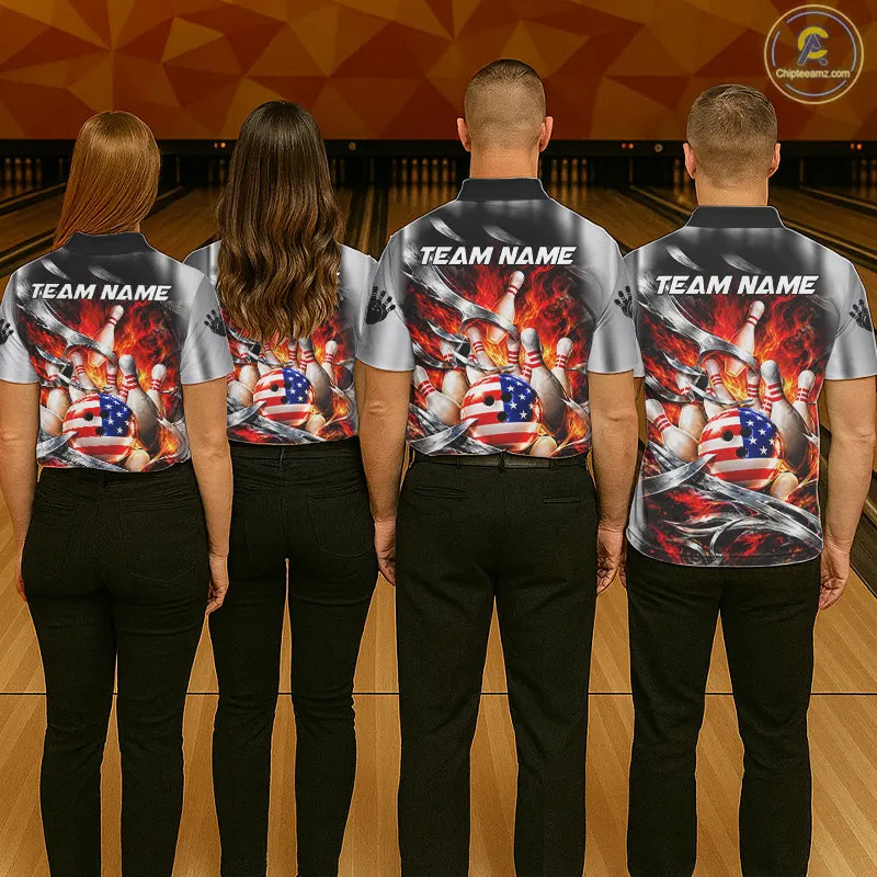 Custom Silver Orange Flame American Flag Bowling Shirts, Bowling League Team Jersey