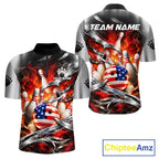 Custom Silver Orange Flame American Flag Bowling Shirts, Bowling League Team Jersey