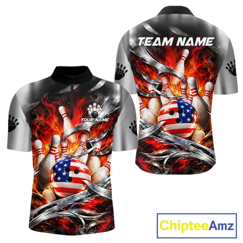 Custom Silver Orange Flame American Flag Bowling Shirts, Bowling League Team Jersey
