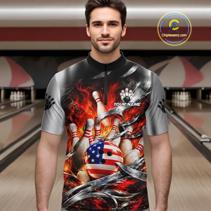 Custom Silver Orange Flame American Flag Bowling Shirts, Bowling League Team Jersey