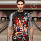 Custom Silver Orange Flame American Flag Bowling Shirts, Bowling League Team Jersey