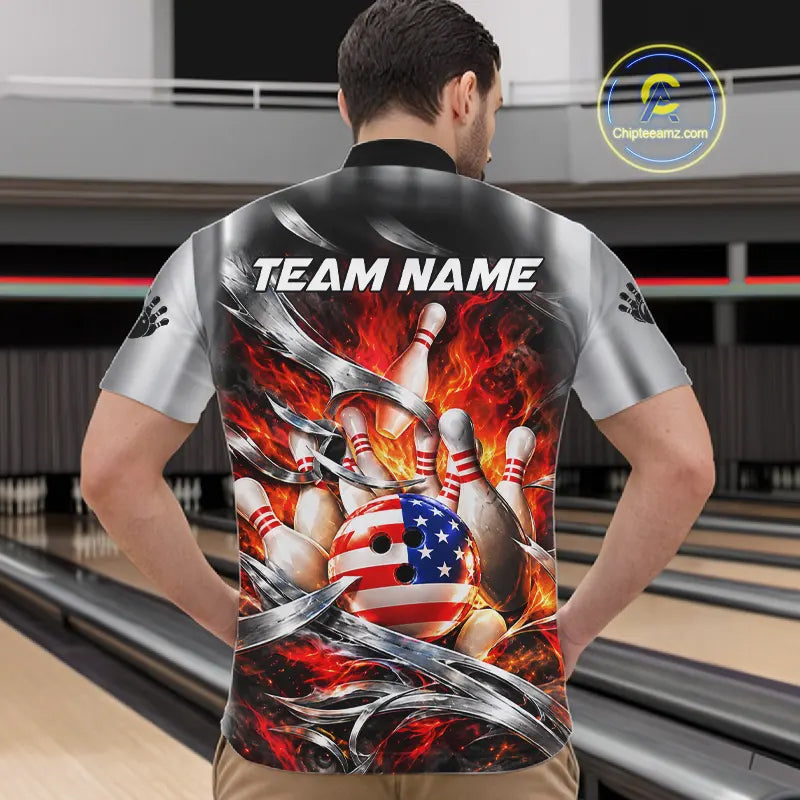 Custom Silver Orange Flame American Flag Bowling Shirts, Bowling League Team Jersey