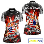 Custom Silver Orange Flame American Flag Bowling Shirts, Bowling League Team Jersey