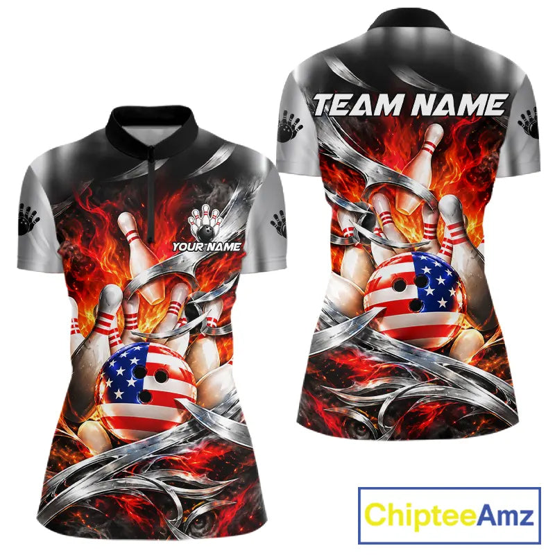 Custom Silver Orange Flame American Flag Bowling Shirts, Bowling League Team Jersey