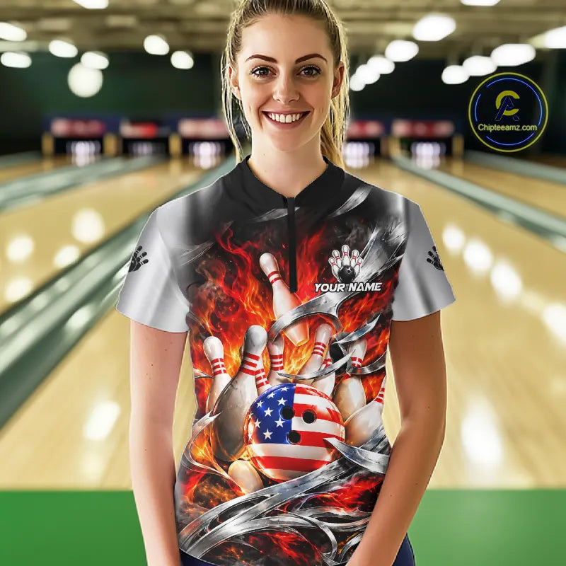 Custom Silver Orange Flame American Flag Bowling Shirts, Bowling League Team Jersey
