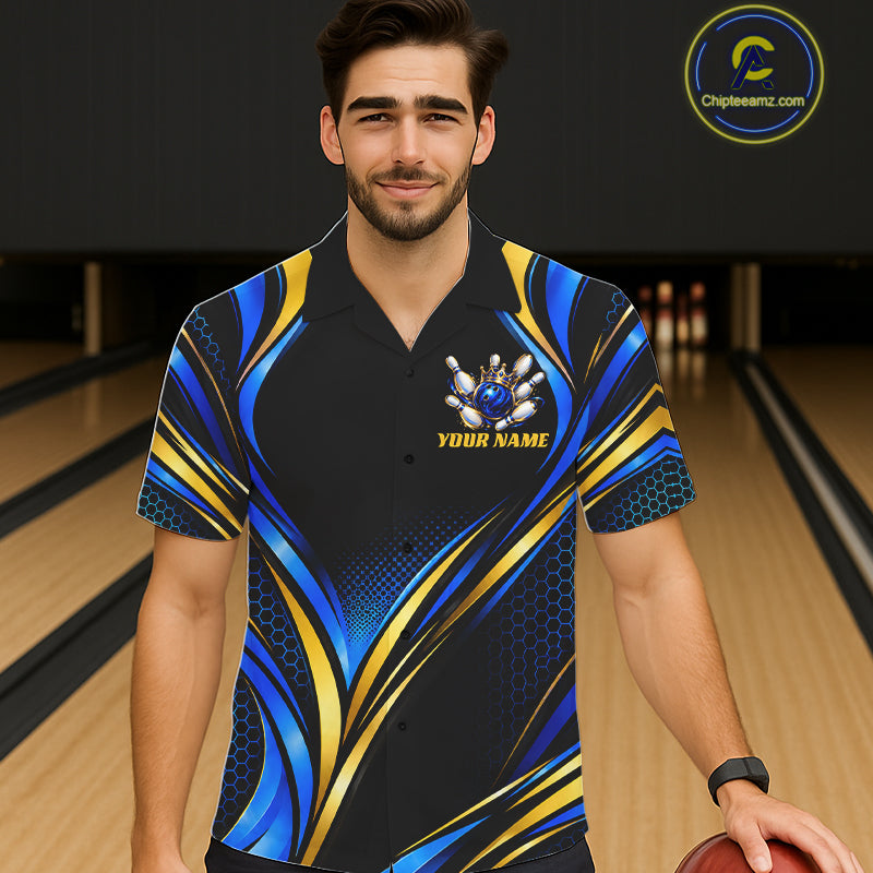 Black, Blue And Gold Custom Crown Bowling Hawaiian Shirt, Bowling League Team Jersey