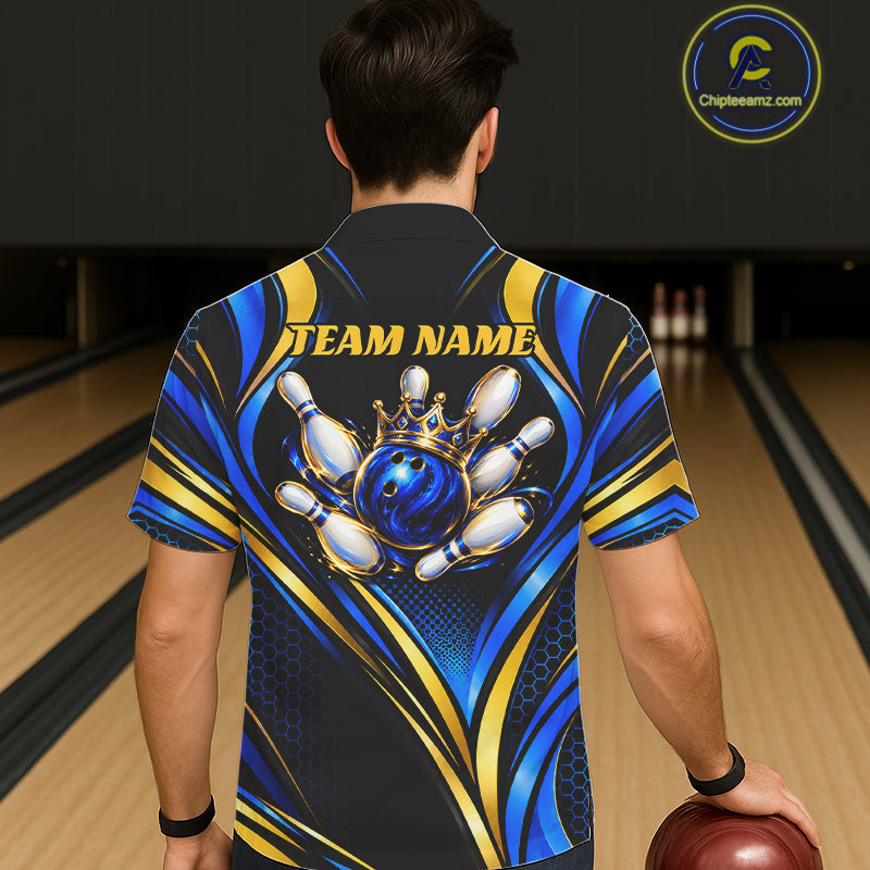 Black, Blue And Gold Custom Crown Bowling Hawaiian Shirt, Bowling League Team Jersey