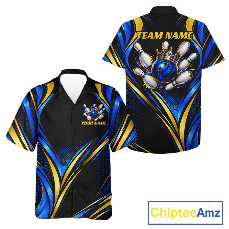Black, Blue And Gold Custom Crown Bowling Hawaiian Shirt, Bowling League Team Jersey