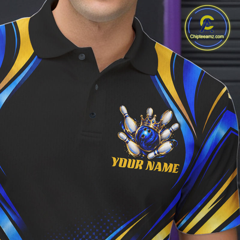 Black, Blue And Gold Custom Crown Bowling Shirts, Bowling Team Jersey Polo & 1/4 Zip