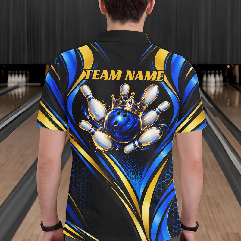 Black, Blue And Gold Custom Crown Bowling Shirts, Bowling Team Jersey Polo & 1/4 Zip