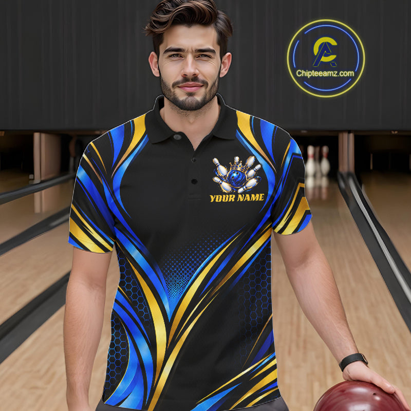 Black, Blue And Gold Custom Crown Bowling Shirts, Bowling Team Jersey Polo & 1/4 Zip