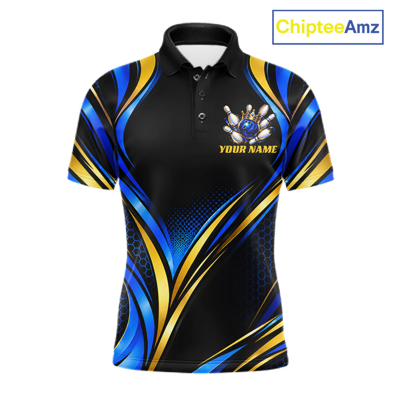 Black, Blue And Gold Custom Crown Bowling Shirts, Bowling Team Jersey Polo & 1/4 Zip