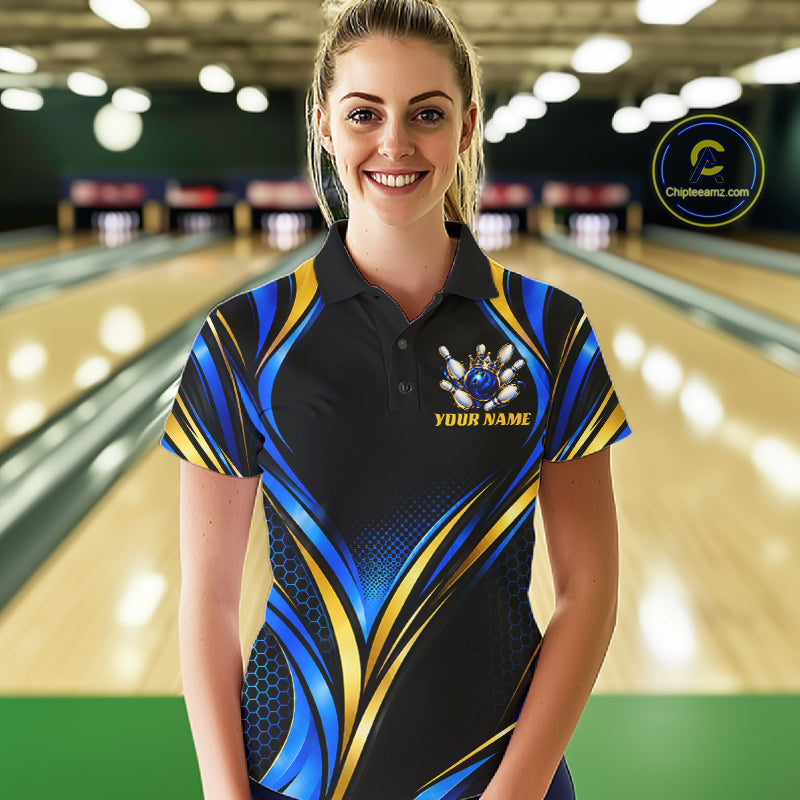 Black, Blue And Gold Custom Crown Bowling Shirts, Bowling Team Jersey Polo & 1/4 Zip