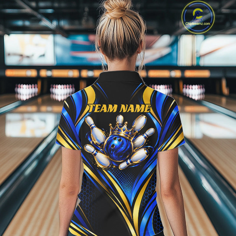 Black, Blue And Gold Custom Crown Bowling Shirts, Bowling Team Jersey Polo & 1/4 Zip